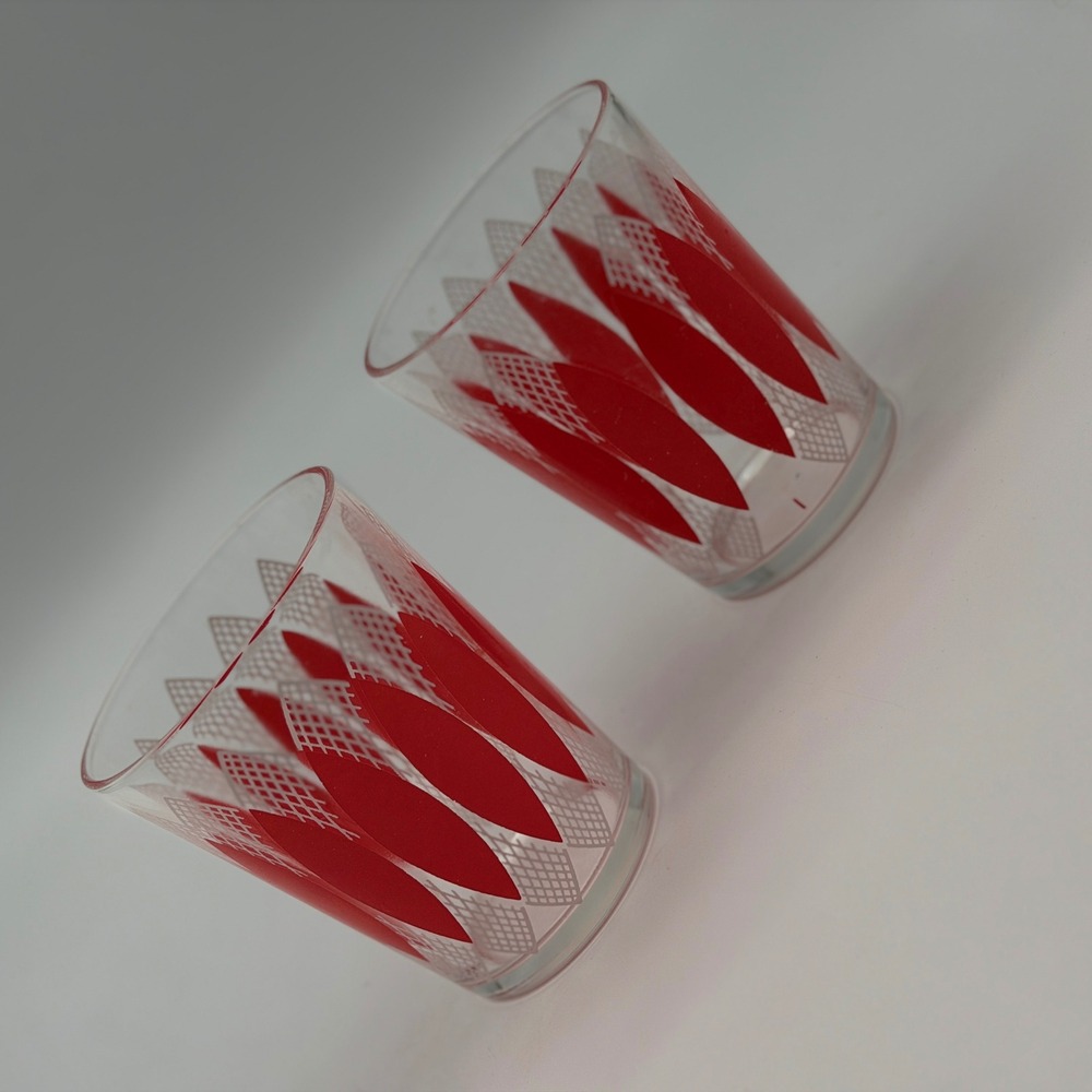Vintage Mid Century Modern Red White Atomic Petal Juice Glasses Set of 2 MCM
